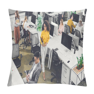 Personality  High Angle View Of Professional Young Businesspeople Working With Computers And Papers In Office   Pillow Covers