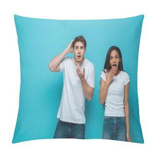 Personality  Shocked Man And African American Girl Looking At Camera On Blue Background Pillow Covers