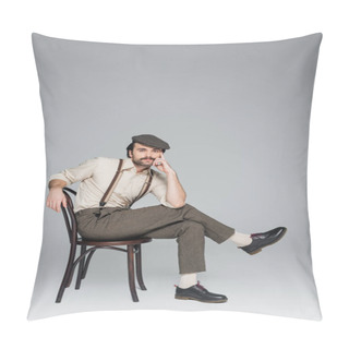 Personality  Full Length Of Man With Mustache In Vintage Style Clothing And Hat Sitting On Wooden Chair On Grey Pillow Covers