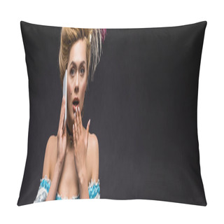 Personality  Panoramic Shot Of Surprised Victorian Woman Talking On Smartphone On Black  Pillow Covers