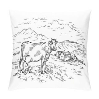 Personality  Healthy Breakfast Drawing Sketch Glass Milk Bottle Iron Can Cup Field Cow Vilage Vector Pillow Covers