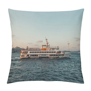 Personality  Ship On Sea Water With Coast And City At Background During Sunset, Istanbul, Turkey  Pillow Covers