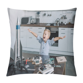 Personality  Happy Adorable Boy Standing With Outstretched Hands Near Rocket Model In Kitchen On Weekend Pillow Covers