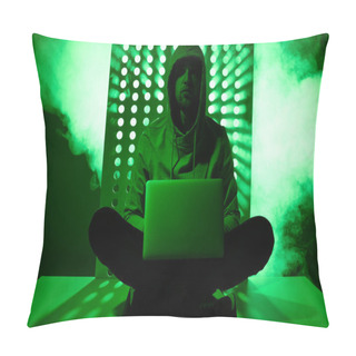 Personality  Toned Picture Of Male Hacker In Hoodie With Laptop Pillow Covers