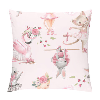 Personality  Beautiful Seamless Tileable Pattern With Watercolor Ballerinas Animals - Bunnies, Kittens And Flamingo Bird With Pink Roses Pillow Covers