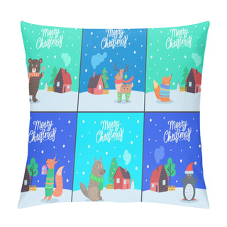 Personality  Merry Christmas Bear Fox With Present Set Vector Pillow Covers