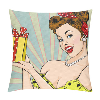 Personality  Girl With The Gift In Vintage Style. Pin Up Girl. Party Invitation. Birthday Greeting Card. Pillow Covers