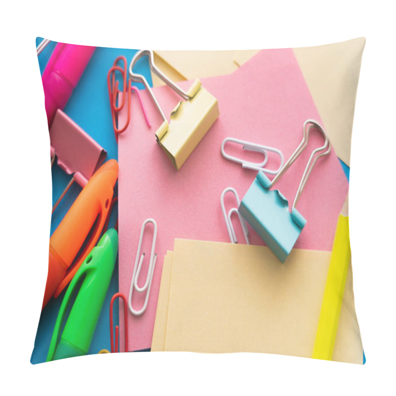 Personality  Close Up View Of Colorful Paper Clips And Fold Back Clips On Paper Notes  Pillow Covers