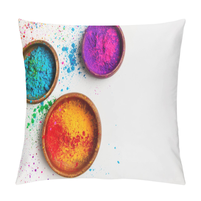 Personality  Top View Of Colorful Traditional Holi Powder In Bowls Isolated On White  Pillow Covers