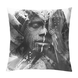 Personality  Paintography Of African American Man With Traditional Style Face Paint Dissolving Behind Smoky And Ink Texture Pillow Covers