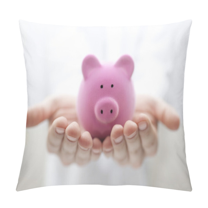 Personality  Man Holding Piggy Bank. Shallow DOF Pillow Covers