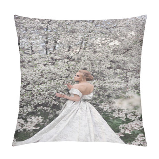 Personality  A Beautiful Blonde Girl In A Luxurious White Brocade Haute Couture Dress With A Long Train And Open Shoulders Walking In A Blooming Orchard Pillow Covers