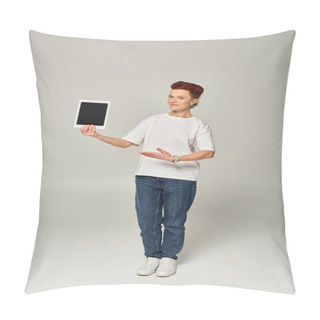 Personality  Redhead Non-binary Person In White T-shirt Showing Digital Tablet With Blank Screen On Grey Backdrop Pillow Covers