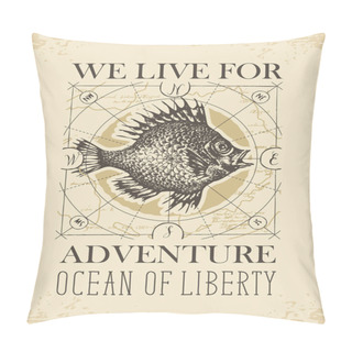 Personality  Retro Travel Banner With Big Fish And Old Map Pillow Covers