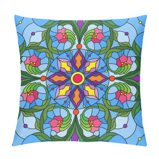 Personality  Stained Glass Illustration With Abstract Floral Ornaments, Flowers, Leaves And Curls On Blue Background, Square Illustration Pillow Covers