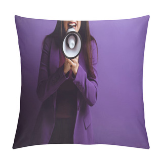 Personality  Cropped View Of Excited Woman Screaming In Megaphone On Purple Background Pillow Covers