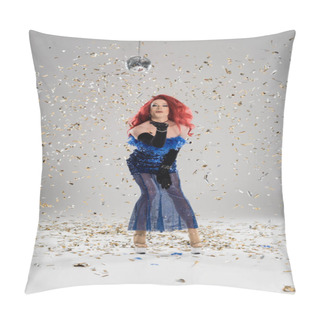 Personality  Elegant Drag Queen In Dress And Gloves Blowing Air Kiss Under Disco Ball And Confetti On Grey Background  Pillow Covers