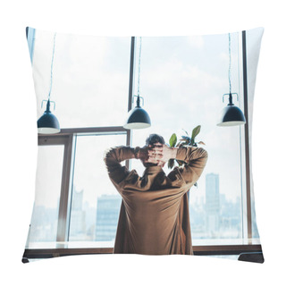 Personality  Back View Of IT Worker With Clenched Hands On Chair At Table Near Windows Pillow Covers