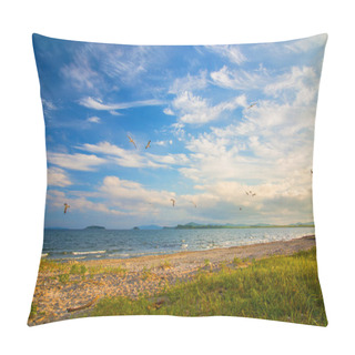 Personality  A Beach On The Sea, Sand And Waves, Seagulls Fly Over The Water. Pillow Covers