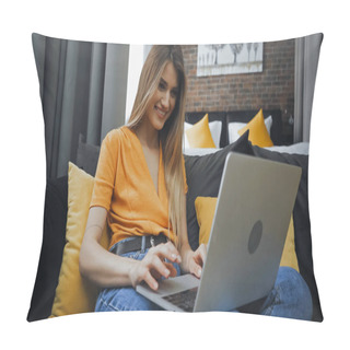Personality  Happy Freelancer Using Laptop While Sitting On Sofa In Hotel Room  Pillow Covers