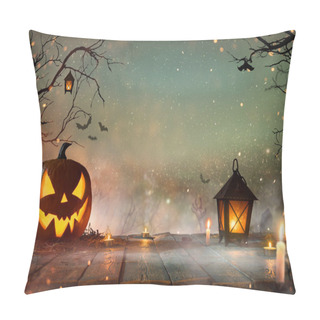 Personality  Halloween Pumpkins On Dark Spooky Forest With Blue Fog In Background. Pillow Covers