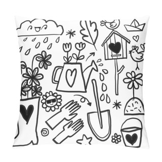 Personality  This Charming Black And White Vector Illustration Is Filled With Spring Gardening Elements, Like Cheerful Rain Clouds, Blooming Flowers, And Birds Pillow Covers
