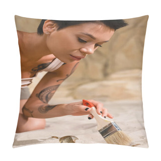 Personality  Young Brunette Archaeologist Holding Brush Near Artifact In Sand Pillow Covers