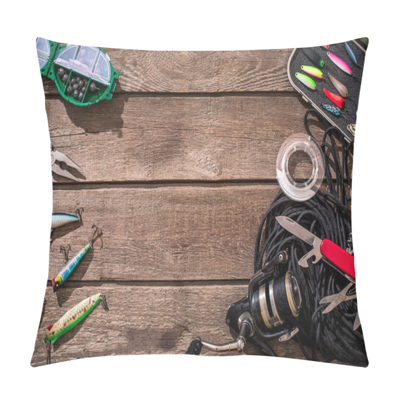 Personality  Fishing tackle - fishing spinning, fishing line, hooks and lures on wooden background. pillow covers