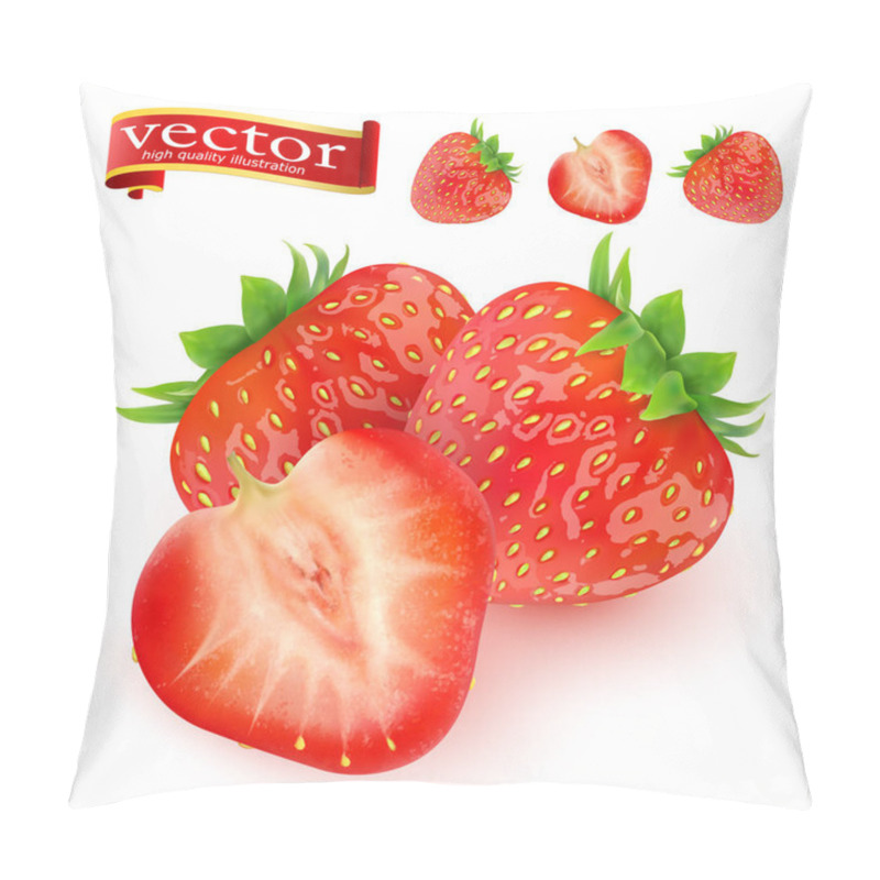 Personality  Strawberry. Sweet fruit. 3d vector icons set. Realistic illustration. juicy ripe strawberries isolated on white background pillow covers