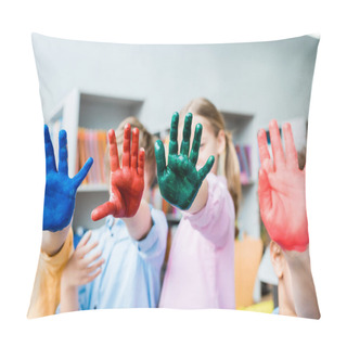 Personality  Selective Focus Of Multicultural Kids Covering Faces With Colorful Hands  Pillow Covers