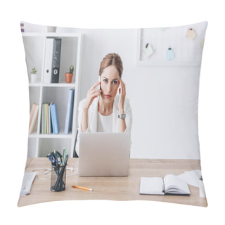 Personality  Frustrated Businesswoman Talking On Smartphone At Workplace With Laptop  Pillow Covers