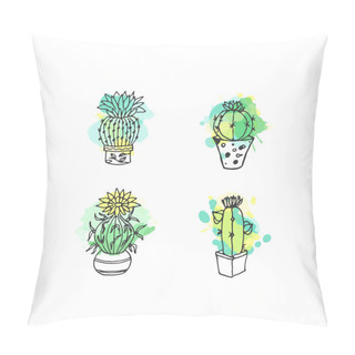 Personality  Succulent Illustration. Vector Cactus Hand Drawn Set With Paint Splashes. Cacti And In Door Plants In Pots. Pillow Covers