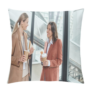 Personality  Two Cheerful Coworkers Smiling At Each Other And Enjoying Coffee And Sandwiches, Coworking Pillow Covers