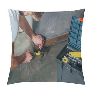 Personality  Cropped Shot Of Craftsman Hammering Nail Into Baseboard Pillow Covers
