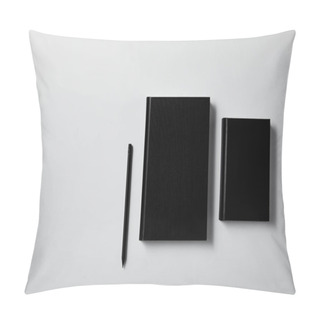 Personality  Top View Of Black Notebooks With Pencil On White Surface For Mockup Pillow Covers