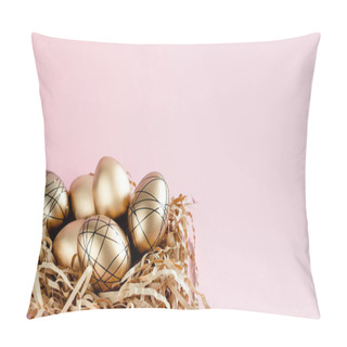Personality  Easter Golden Decorated Eggs In Nest On White Background . Minimal Easter Concept Copy Space For Text. Top Horizontal View, Flatlay. Pillow Covers