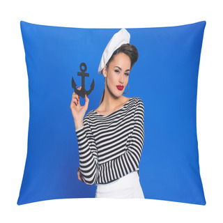 Personality  Portrait Of Fashionable Young Woman In Retro Clothing With Anchor In Hand Isolated On Blue Pillow Covers