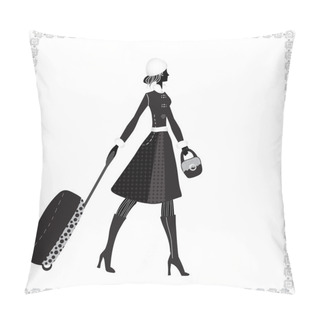 Personality  Elegant Woman With Luggage, Vector Illustration, Pillow Covers
