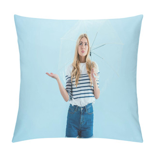 Personality  Upset Blonde Girl Standing Under Umbrella On Blue Background Pillow Covers