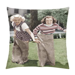 Personality  Two Women Playing A Game Of Potato Sack Racing Pillow Covers