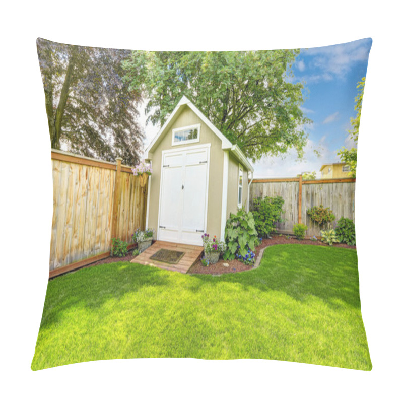 Personality  Fenced backyard with small shed pillow covers