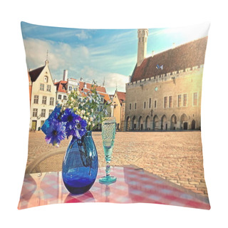 Personality  Blue Glass Vase  With Flowers And Glass Of Wine On Street Cafe Table Top In Tallinn Old Town Medieval Castle Tower Roof On Hall Square Panorama Visit Tallinn  Old Town Hall Square  Estonia  Symbols Of A Blue Bouquet  Cornflower Pillow Covers