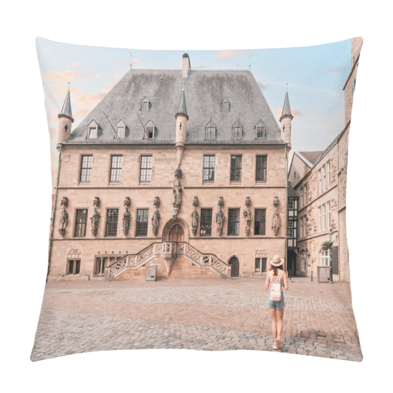 Personality  Happy Woman Tourist Walking With Backpack And Enjoying Panorama Of The City Hall Rathaus And Market Square Of The Old Town Of Osnabruck In Germany Pillow Covers