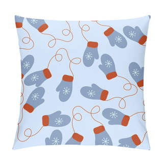 Personality  Blue Mittens With Red Elastic Band Seamless Pattern. Winter Mood. Vector Hand Drawn Illustration. Pillow Covers