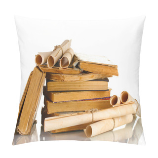 Personality  Pile Of Old Books And Scroll Isolated On White Pillow Covers