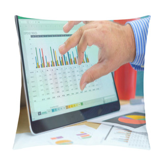 Personality  Businessman Pointing And Expanding Graphs On Modern Touch Screen Laptop. Pillow Covers