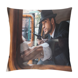 Personality  Selective Focus Of Gangster Sitting In Ambush With Gun In Retro Car Pillow Covers