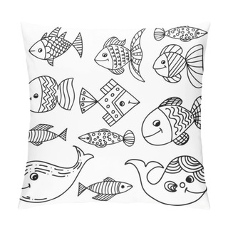 Personality  Set Of Beautiful Patterned Fish. In Cartoon Style. Funny Fish In The Underwater World. Antistress Coloring Book Sketch For Adults Or Kids, Line Drawing, Doodle Logo For Tattoo, Zentangle. Pillow Covers
