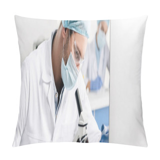 Personality  Panoramic Shot Of Genetic Consultant Doing Dna Test In Lab  Pillow Covers