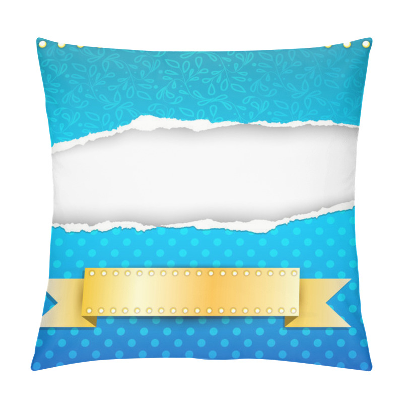 Personality  Blue paper background with torn edges and gold ribbon. pillow covers